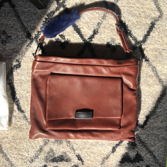 Phillip Lim cognac Lynus Portfolio bag with fur - Picture 2 of 8
